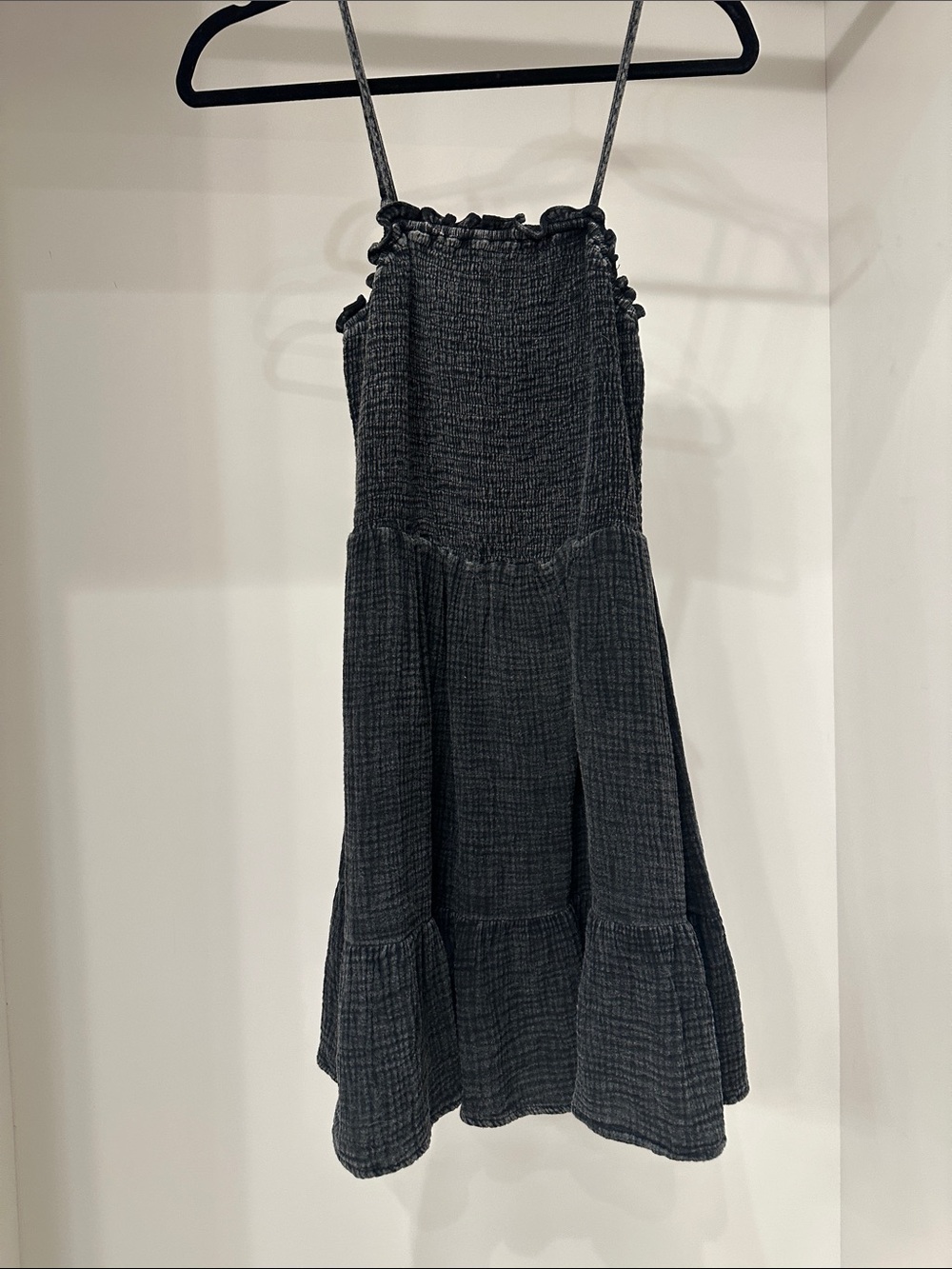 Pink Lily small Smocked Textured Spaghetti Strap acid wash black romper